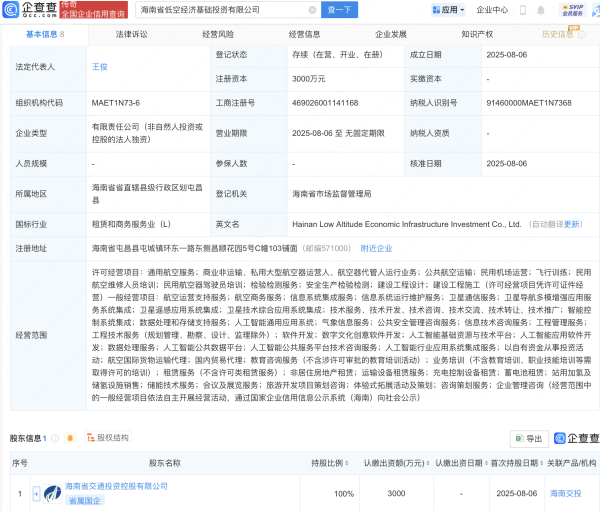 本财配资 海南交投新设低空经济基础投资公司